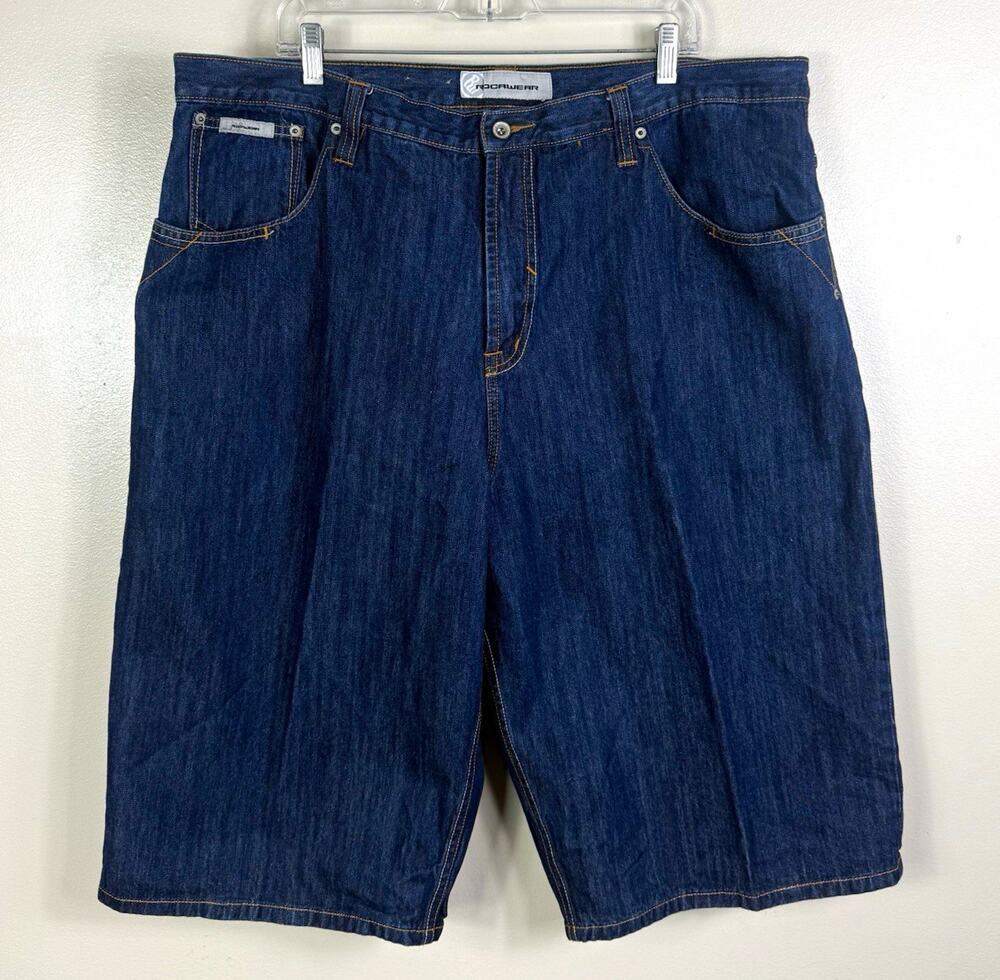 Rocawear Men’s Blue Cotton Denim Shorts Button Fly 5-Pocket Logo Rivets